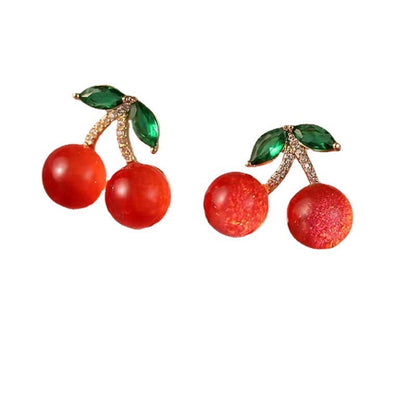 Sier Needle Red Cherry Fruit Starry Earrings