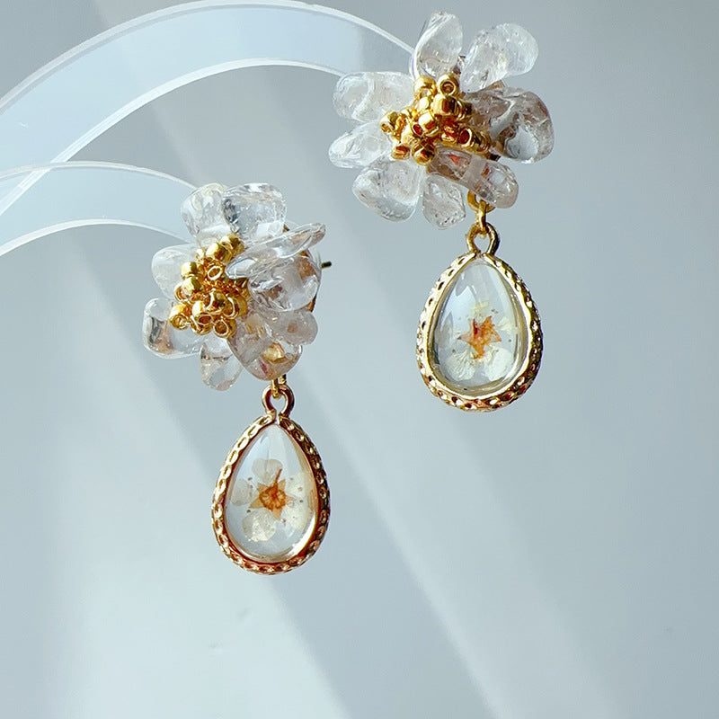 Flower Water Drop Ear French Kernel Crystal Earrings