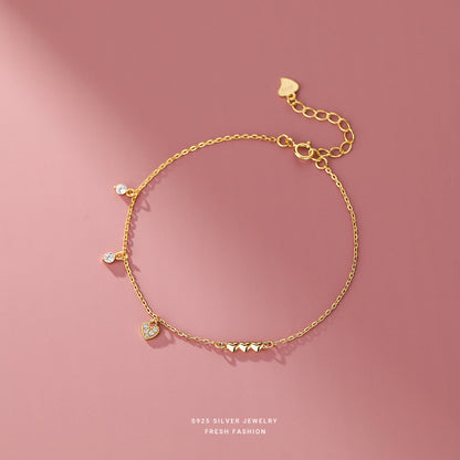 Sterling Sier Glossy Heart Rhinestone Female Minimalist Bracelets