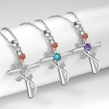 Fashion Cross Rose Inlaid With Diamond Necklaces