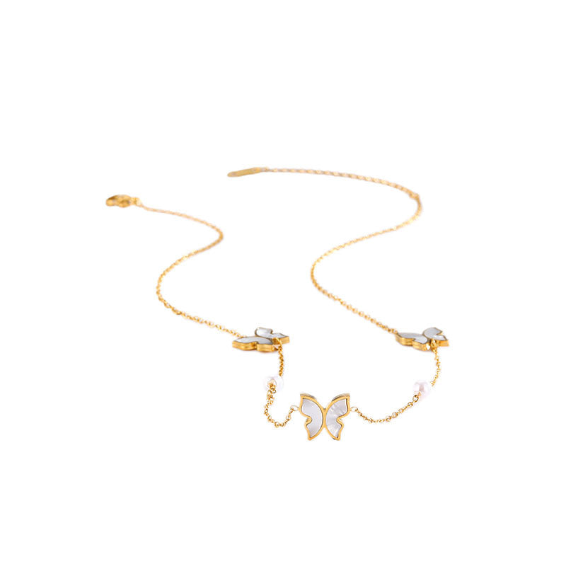 Korean Style Simple Pearl Butterfly Titanium Necklaces