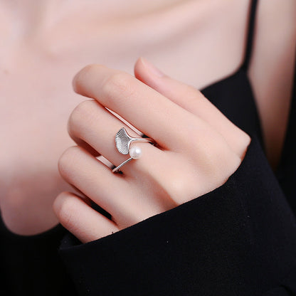 Pearl Ginkgo Leaf Female Sterling Sier Simple Rings