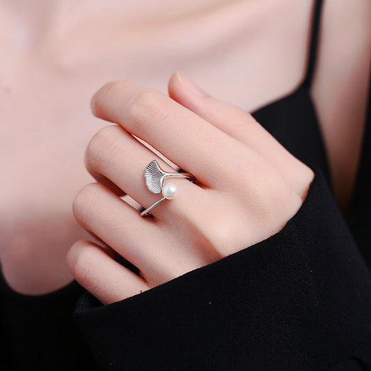 Pearl Ginkgo Leaf Female Sterling Sier Simple Rings