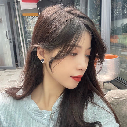 Needle Matte Sapphire Blue Small Flower Rhinestone Pearl Earrings