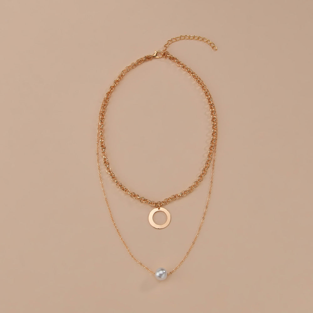 Women's Personality Geometry Hoop And Pearl Pendant Stacked Necklaces