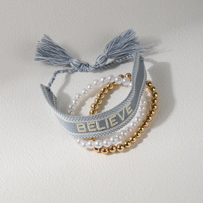 Women's Korean Letter Printed Pearl Graceful Pull-out Bracelets