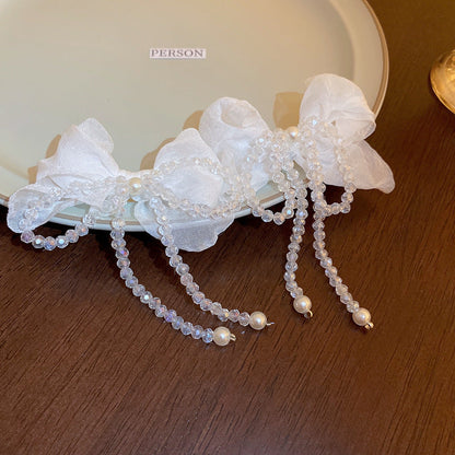 Fairy Tulle Bow Pearl Crystal Tassel Rings