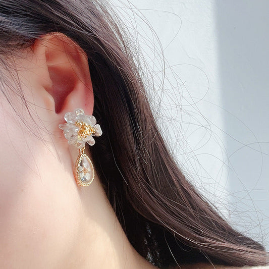 Flower Water Drop Ear French Kernel Crystal Earrings