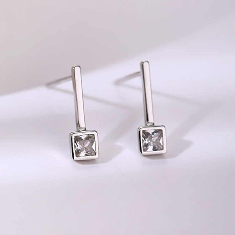 Sier Square Diamond Simple Zircon Fashion Earrings