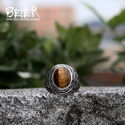 Men's Stainless Steel Retro Titanium Inlaid Tigereye Rings