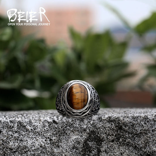 Men's Stainless Steel Retro Titanium Inlaid Tigereye Rings