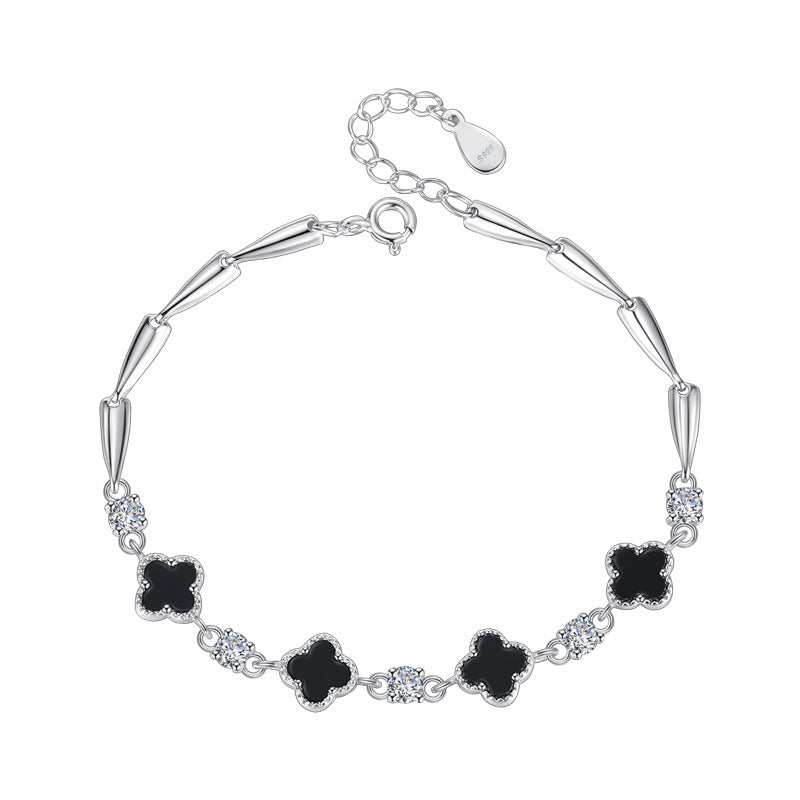 Sterling Sier Clover Black Agate Female Bracelets