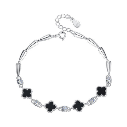 Sterling Sier Clover Black Agate Female Bracelets