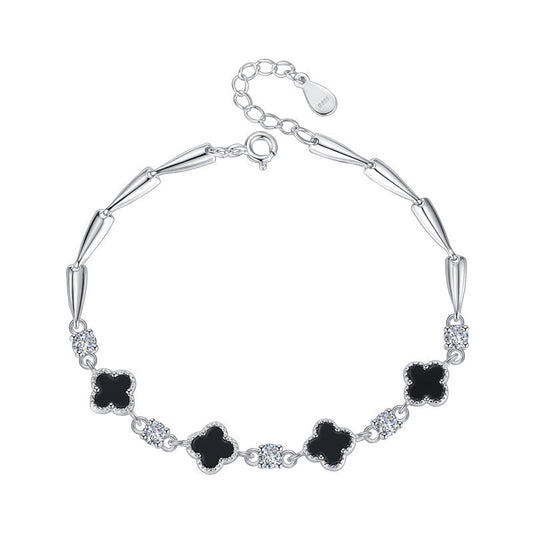 Sterling Sier Clover Black Agate Female Bracelets