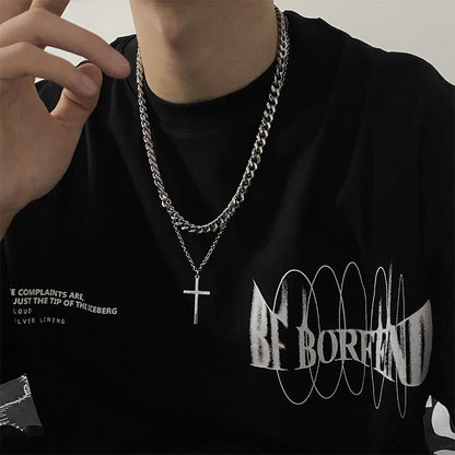 Men's Titanium Steel Cross Hip Hop Twin Necklaces