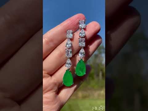 14Ct Baguette&Pear Cut Green Sapphire Drop Earrings-Miusejewelry