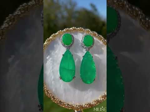 13Ct Oval&Pear Cut Green Sapphire Drop Earrings-Miusejewelry