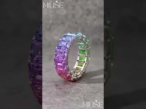 10Ct Emerald Cut Multicolor Sapphire Rainbow Ring-Miusejewelry