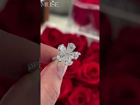 White Sapphire Pear Cut Diamond Flower Silver Ring-Miusejewelry